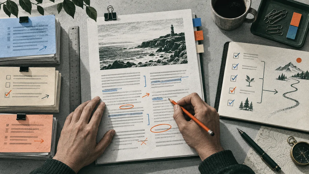 Overhead view of hands marking a document with an orange pencil beside a checklist, branching path diagram, stacked papers, and a map with a compass.
