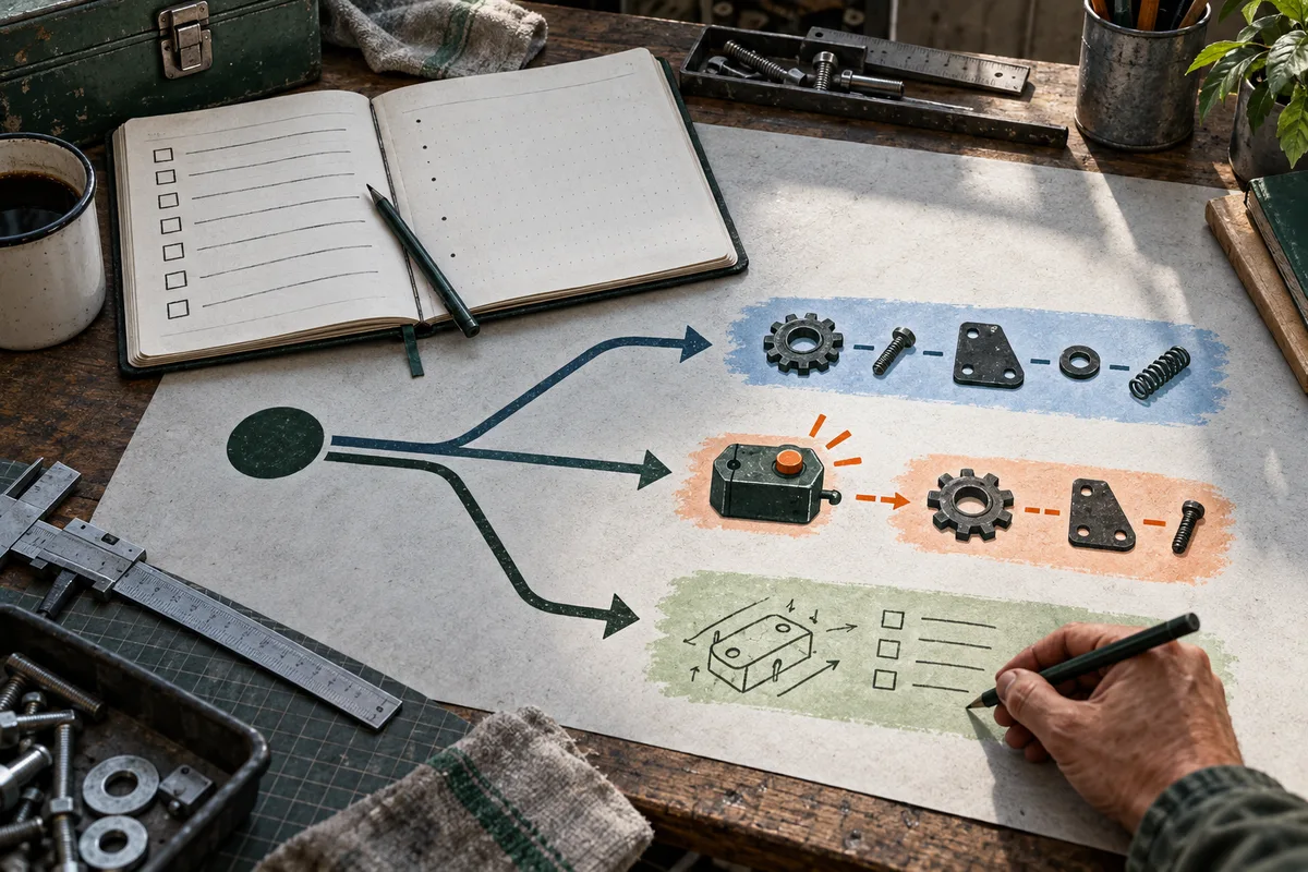 A workbench notebook shows a task branching into three illustrated paths: a gear assembly, a machine with an orange button, and a hand sketching notes beside a diagram.
