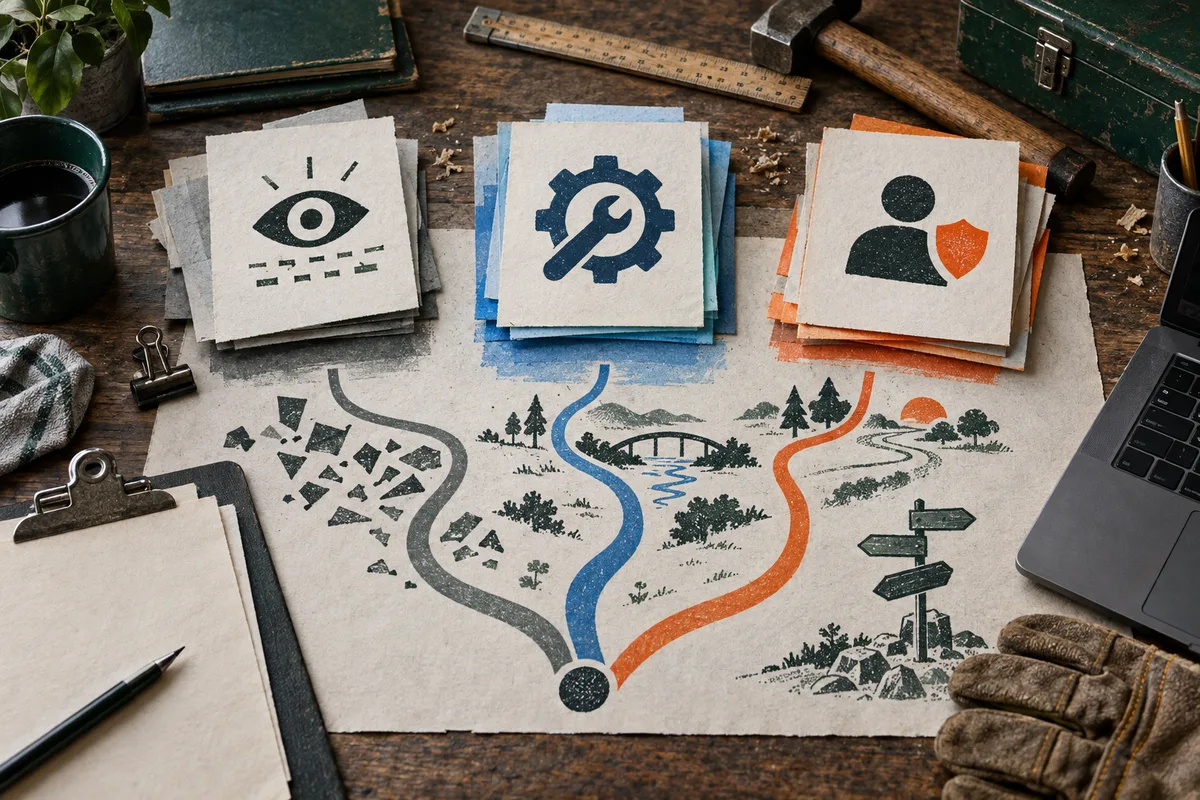 Three illustrated cards show an eye, a gear with a wrench, and a person beside a shield, above a branching map with gray, blue, and orange routes on a workbench.