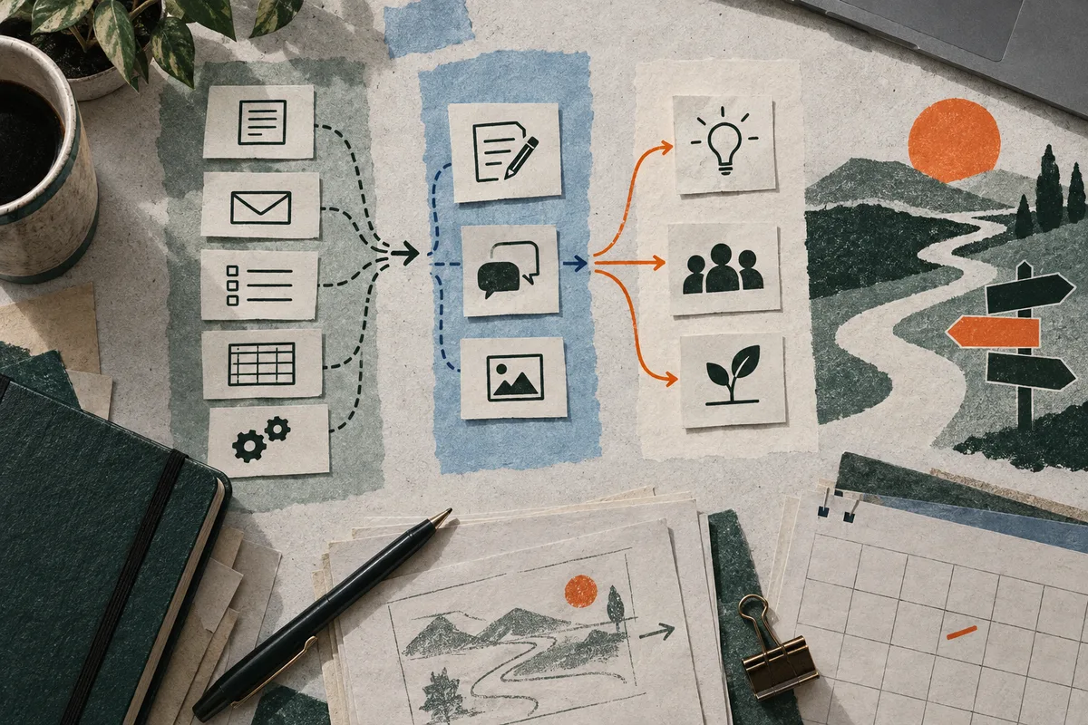 Illustrated task cards with document, message, table, and gear icons flow toward a central set of writing, chat, and image cards, then branch to a light bulb, people, and plant. A winding path and signpost cross a dark green landscape at right; papers, a pen, a calendar, and a cup sit around the scene.