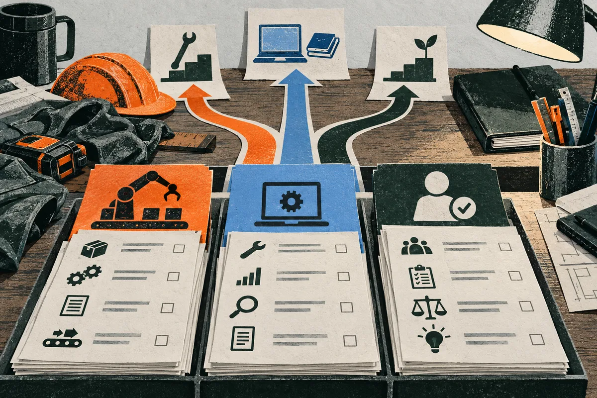 Three stacks of task cards on a workbench show robot, computer, and person icons, with colored arrows branching toward tool, computer, and plant symbols.