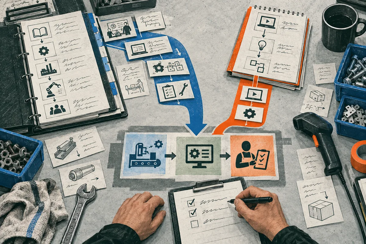 An overhead workbench scene shows illustrated process cards and blue and orange paths leading from factory and computer symbols to a person checking a clipboard.