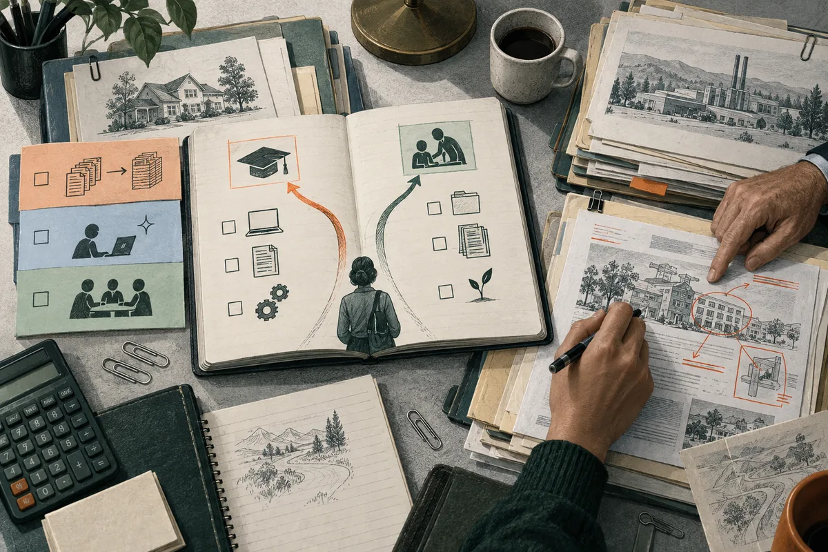 Open ledger with branching paths between icons of documents, gears, a graduation cap, and people, alongside hands marking a building plan.