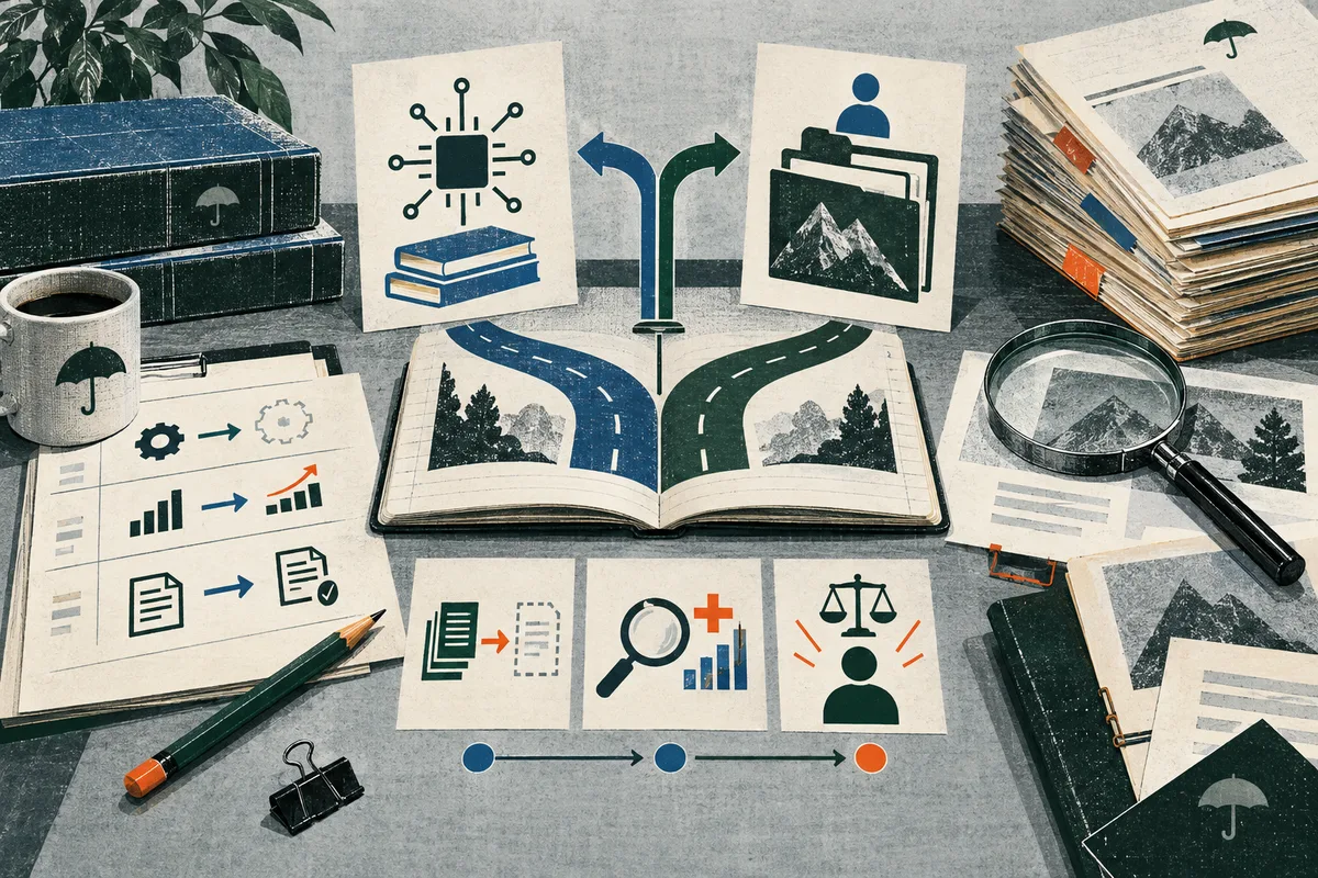 An open book shows two branching routes, with icons for technology and books on one side and a person using a computer on the other; papers, charts, and a magnifying glass surround it.