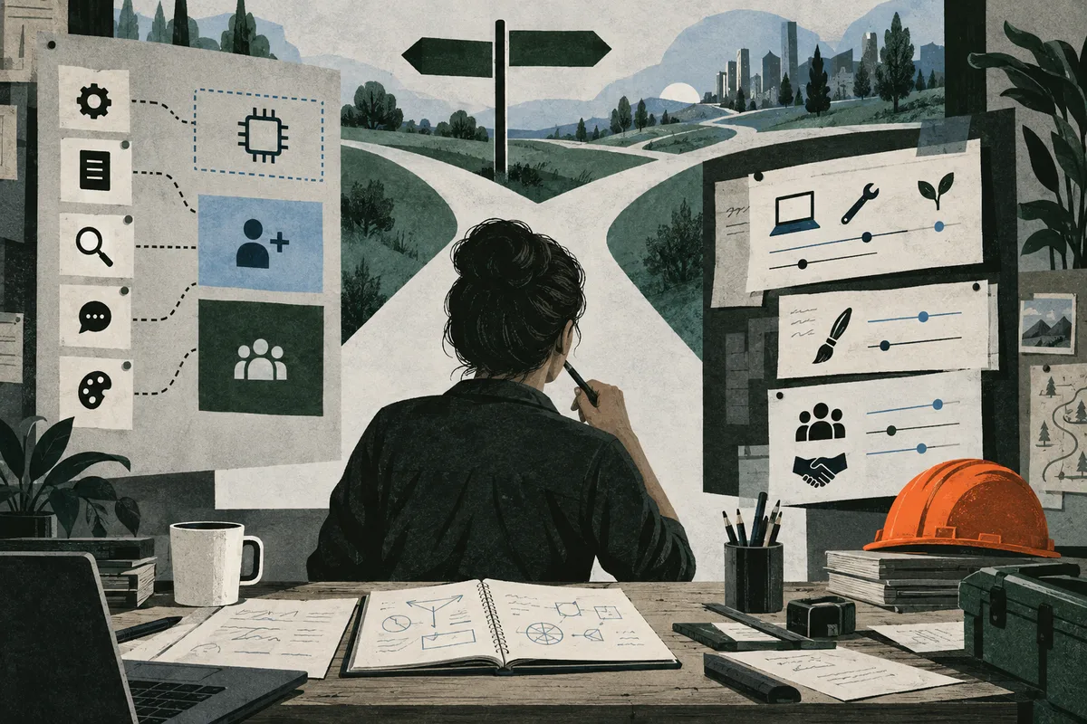A person seen from behind sits at a workbench with an open notebook, laptop, papers, and an orange hard hat. A signpost and branching paths appear in the landscape beyond, with task diagrams on both sides.