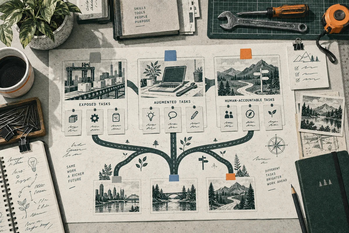 An overhead view of a workbench shows a large branching diagram with three illustrated panels, notebooks, a coffee cup, a plant, papers, a wrench, and an orange tape measure.