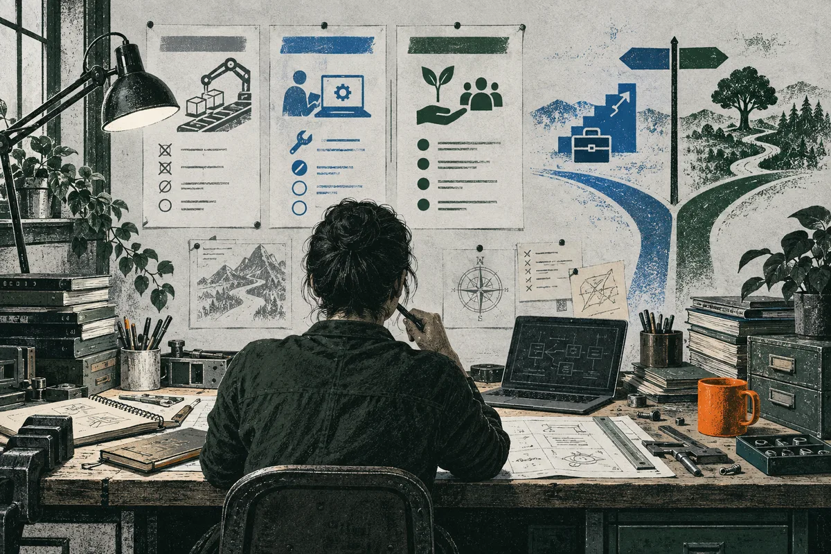 A person seen from behind works at a desk beneath three illustrated wall charts. A laptop, papers, books, plants, tools, and an orange mug surround a blue-and-green branching path graphic.