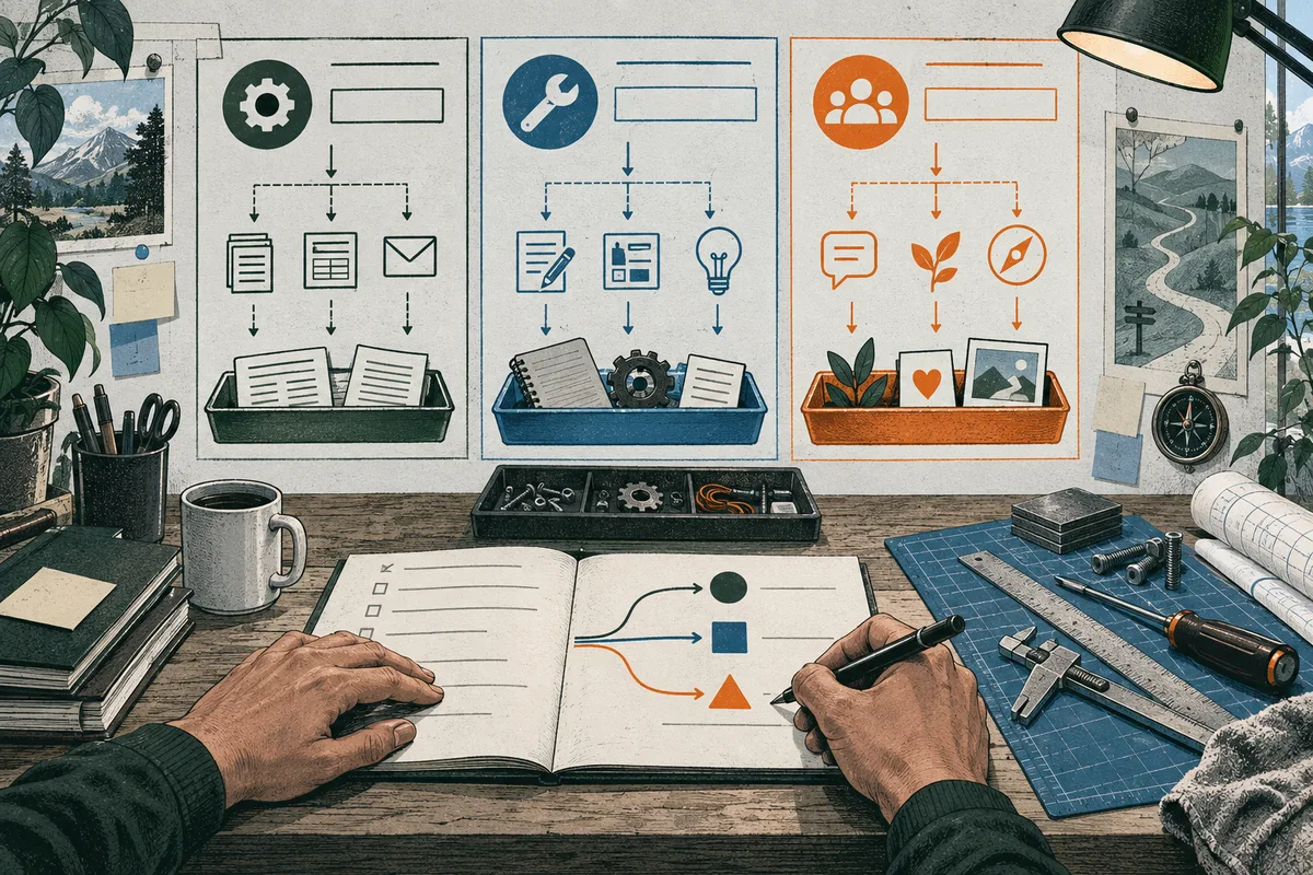 Hands draw branching arrows and colored shapes in an open notebook on a workbench. Three wall charts use green, blue, and orange diagrams, with tools, a coffee cup, plants, and landscape pictures nearby.