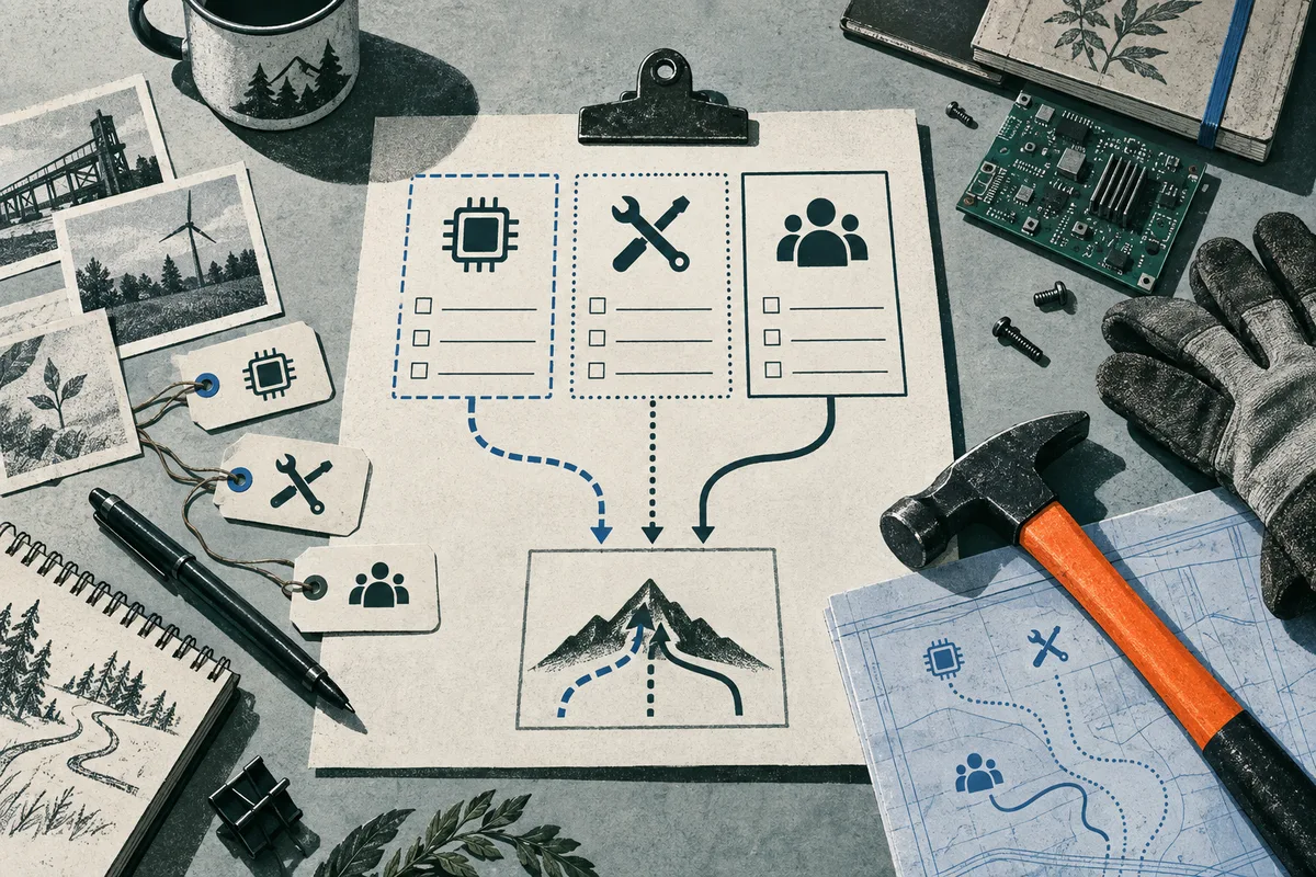 Three cards with chip, wrench, and people icons connect by different paths to a mountain illustration, amid notes, tools, and circuit boards.