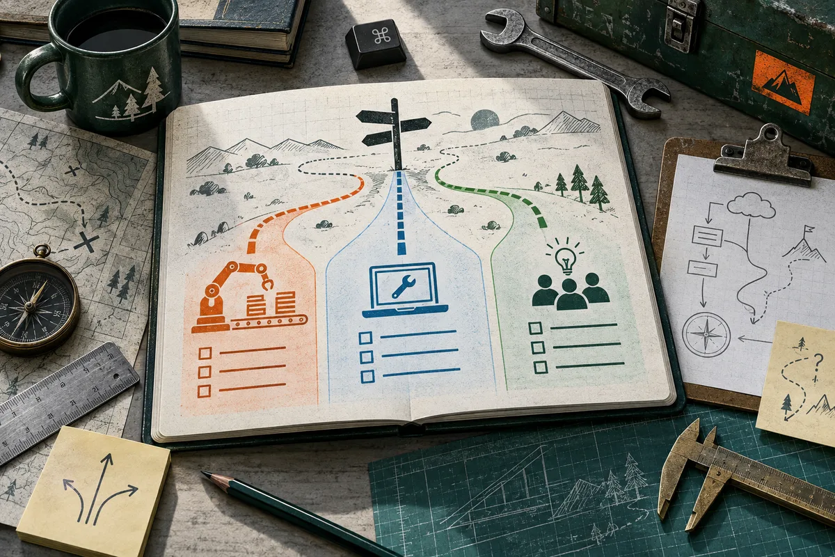 An open notebook shows three branching paths in orange, blue and green, with drawings of a robotic arm, a computer with a wrench, and a group of workers beneath a light bulb.