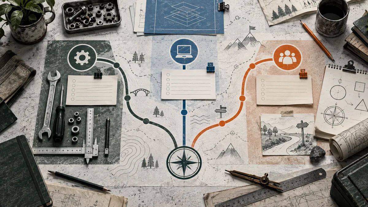 An overhead workbench scene with tools, papers, three colored branching paths, blank checklist cards, and a compass at the center.