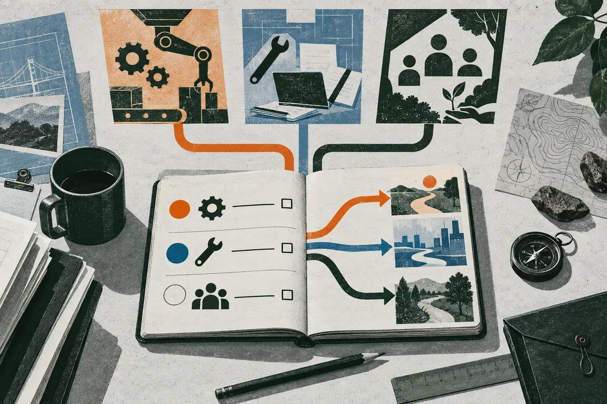 An open notebook with colored dots, task icons, arrows, and three illustrated paths, surrounded by tools, papers, a mug, and a compass.
