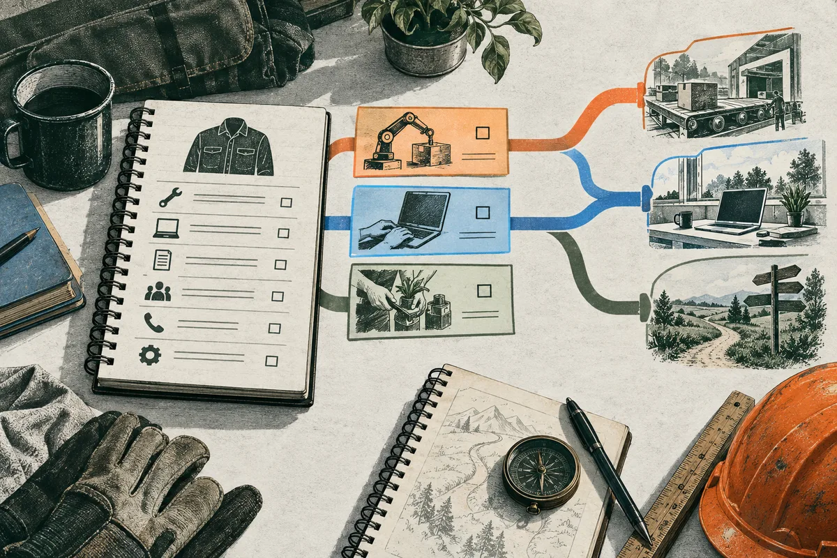 A spiral notebook with task icons connects through colored lines to illustrations of a factory, a laptop workspace, and a landscape path; gloves, a hard hat, a compass, and drafting tools sit nearby.