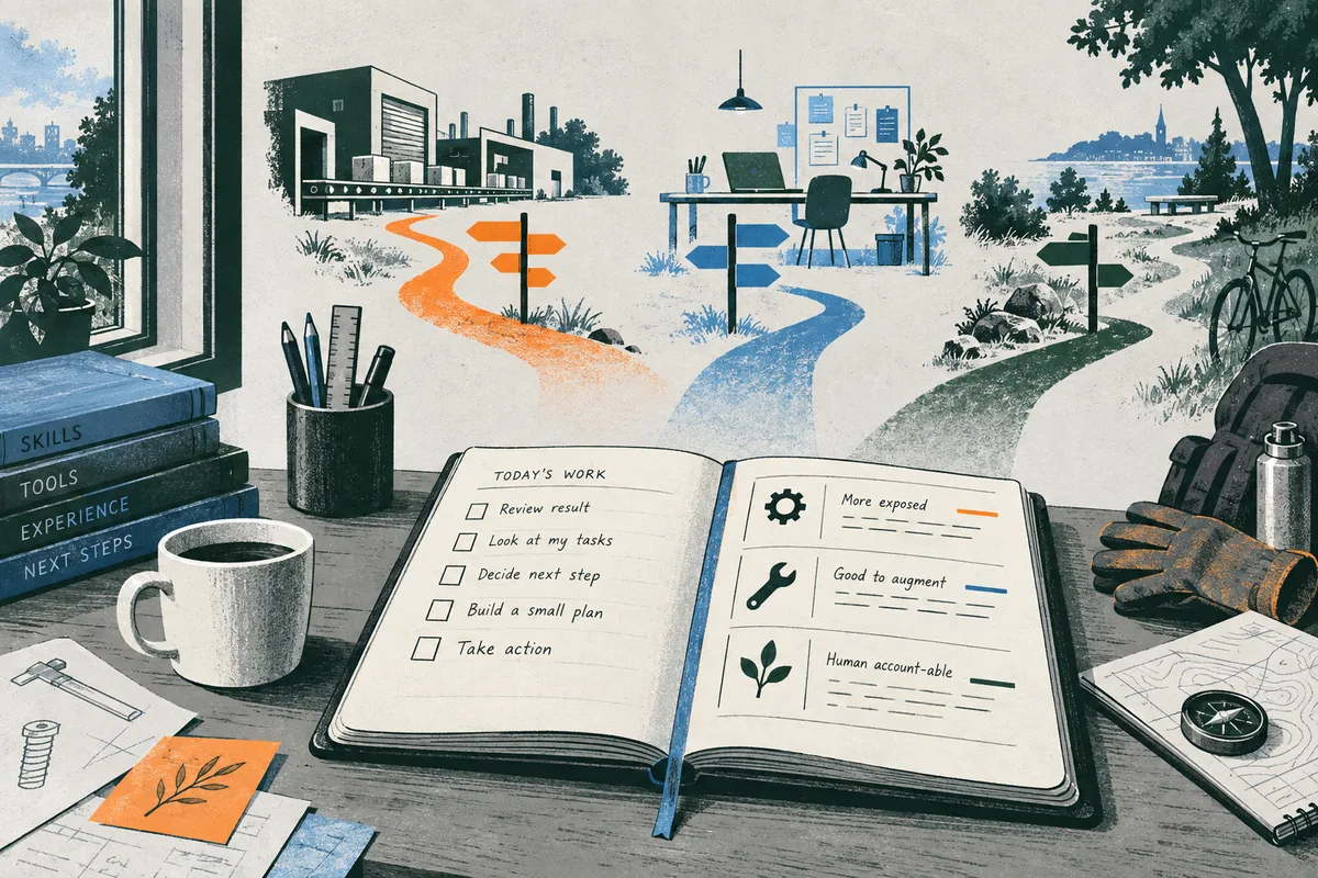 An open notebook rests on a desk beneath three branching paths leading toward a factory, a desk, and a wooded trail, with books, a mug, gloves, and a compass nearby.