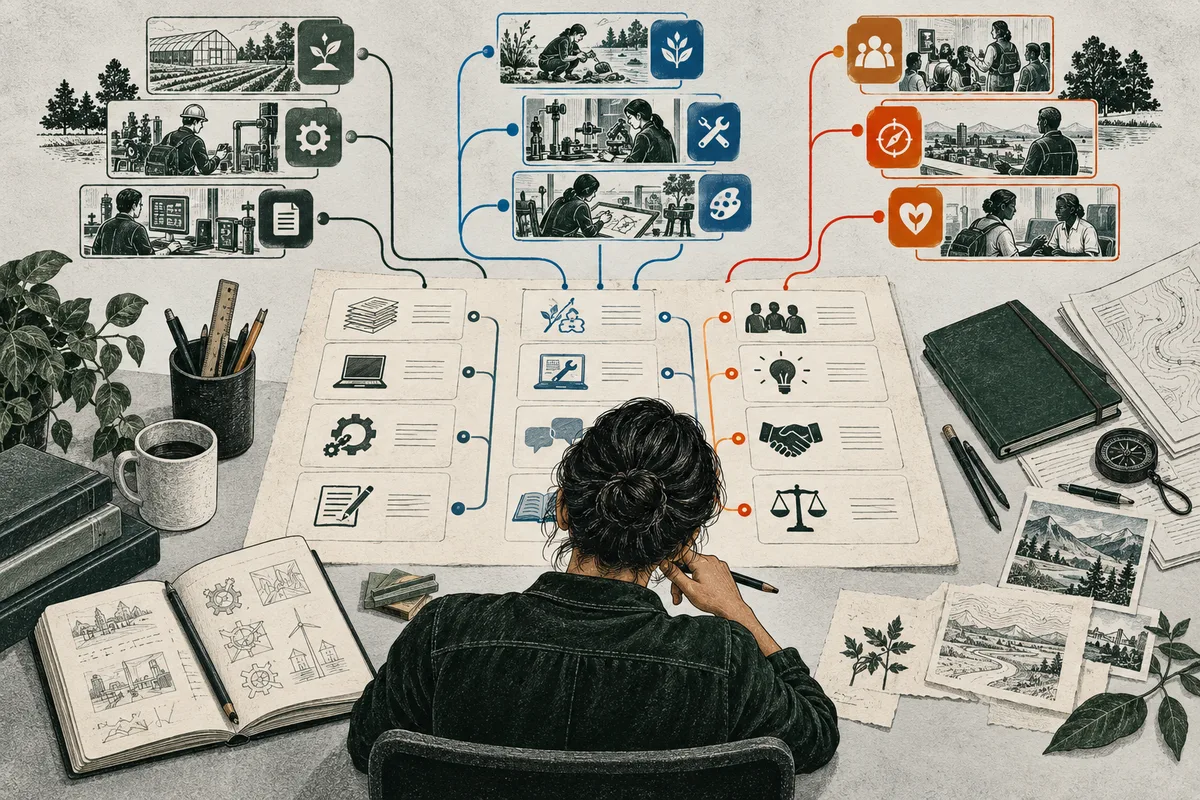 An illustrated person studies an open ledger with green, blue, and orange task columns, connected to small scenes of people doing different kinds of work. Notebooks, pencils, a mug, and papers surround the desk.