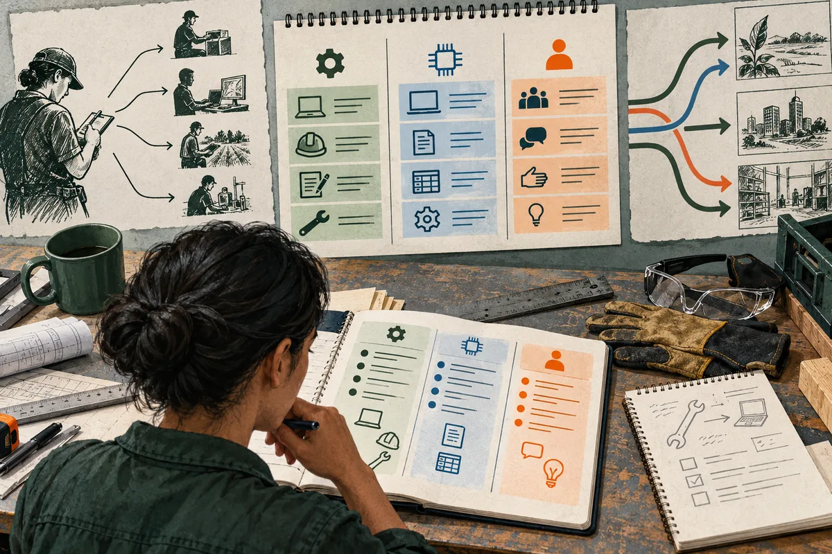 An illustrated person writes in an open notebook beneath a wall chart of green, blue, and orange task columns. Arrows branch toward drawings of field work, city buildings, and a workshop; rulers, gloves, safety glasses, and other tools sit on the bench.