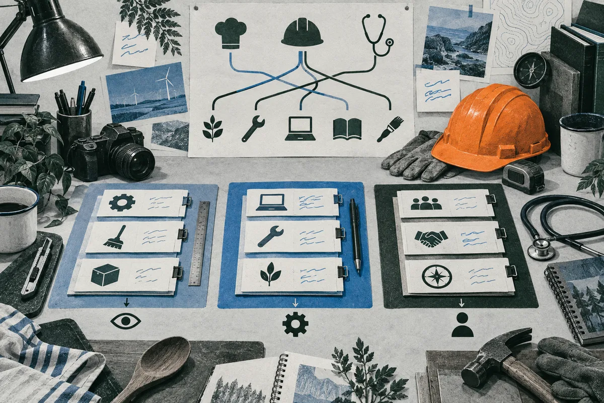 A tabletop collage shows three clipboards with icon cards and handwritten notes beneath a wall diagram linking chef, hard-hat, and stethoscope symbols to a plant, wrench, laptop, book, and brush. An orange hard hat, gloves, camera, stethoscope, tools, books, and notebooks surround the display.