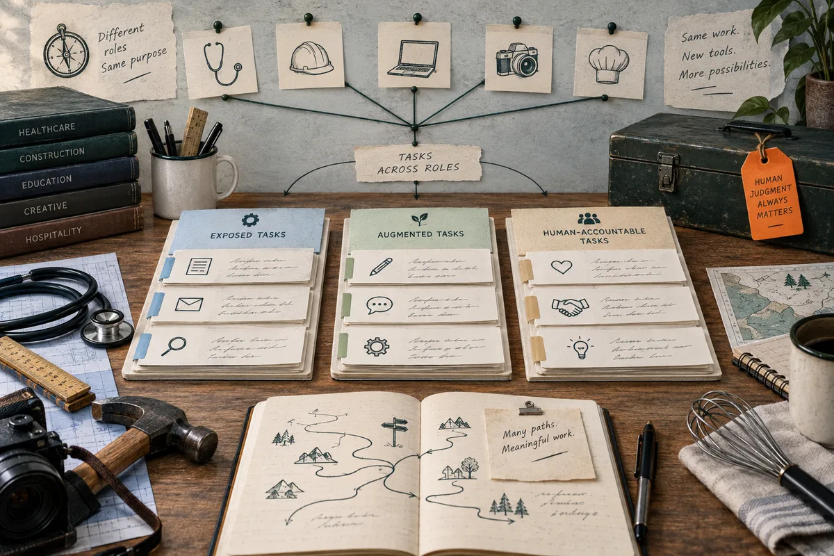 A desk display titled "TASKS ACROSS ROLES" connects pinned drawings of a stethoscope, hard hat, laptop, camera, and chef's hat to three stacks labeled "EXPOSED TASKS," "AUGMENTED TASKS," and "HUMAN-ACCOUNTABLE TASKS." An open notebook below shows branching paths.