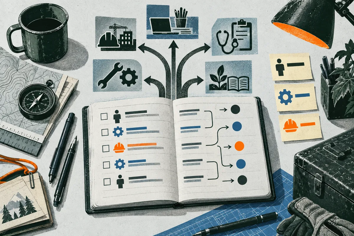 An open notebook contains checkbox rows with person, gear, and hard-hat icons, colored lines, and arrows leading to colored circles. Additional arrows point toward panels showing construction, a laptop, healthcare, tools, and a plant with an open book, with a compass, mug, lamp, and work case nearby.