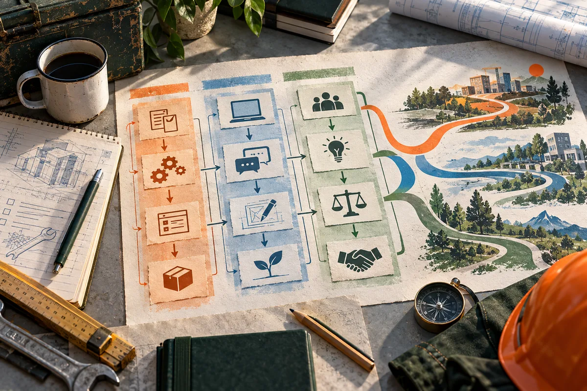 An overhead view of a worktable with three columns of orange, blue, and green illustrated task cards, branching paths across a landscape map, and tools including a ruler, compass, and coffee cup.