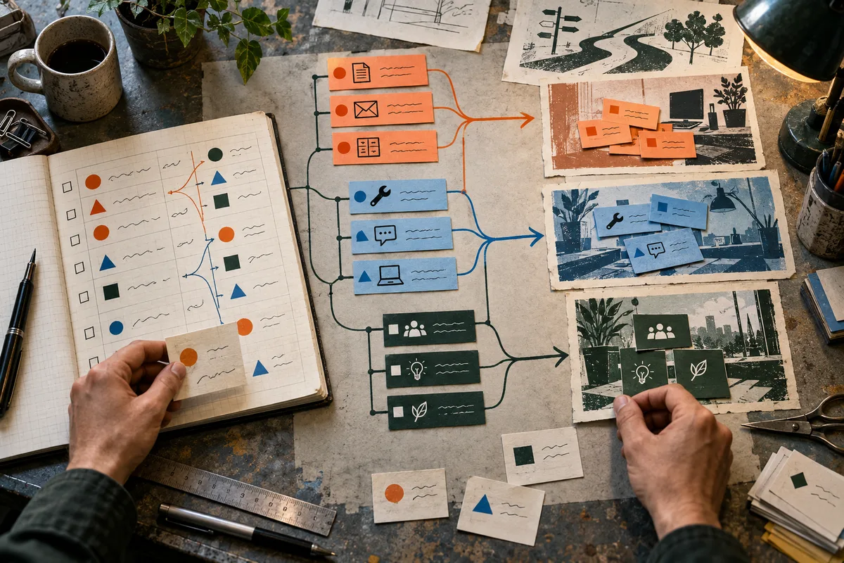 Two hands arrange colored task cards and connecting arrows across a worktable, beside a marked notebook and small landscape and workplace images.