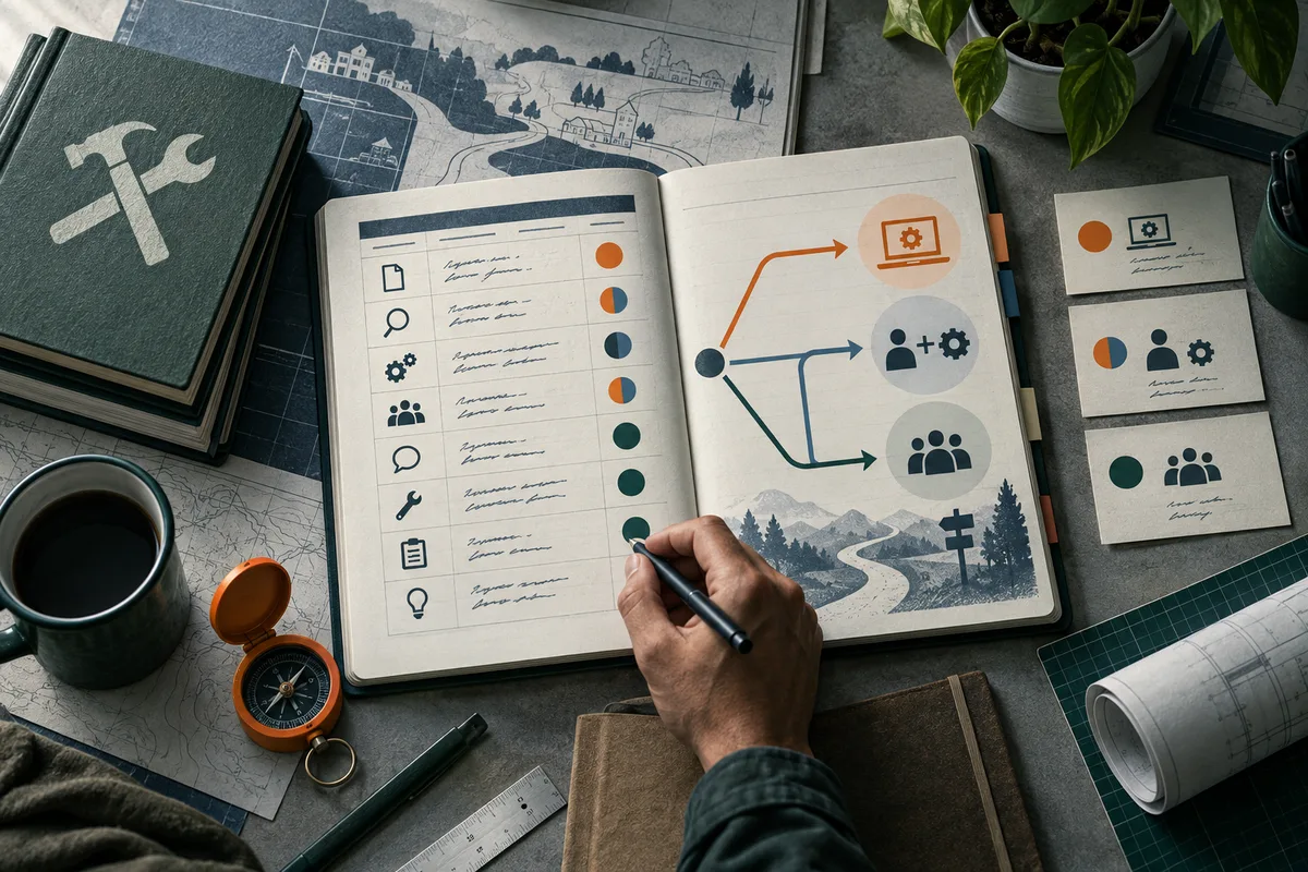 An open notebook on a desk shows rows of work icons and colored markers beside arrows branching toward a laptop, a person with a gear, and a group. A hand holds a pen over the page, with a compass, mug, maps, and rolled plans nearby.