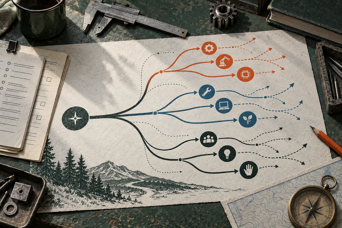 A branching flow diagram on a sheet of paper, with orange, blue, and dark green paths marked by gear, arm, chip, wrench, laptop, plant, people, light bulb, and hand icons. Drafting tools and a compass surround the paper.