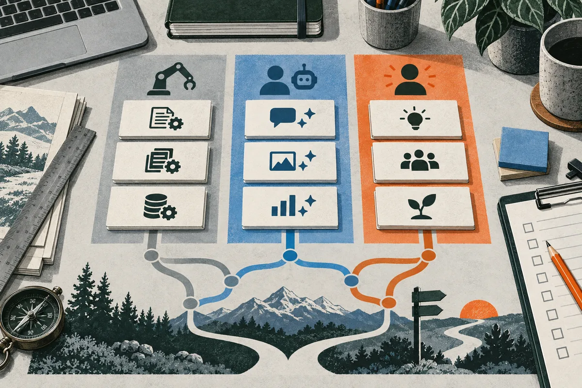 Three color-coded columns of task cards show document and database gears, communication and chart symbols, and a light bulb, group, and sprout. Colored paths branch across a mountain landscape, surrounded by a laptop, notebook, ruler, compass, clipboard, and plants.