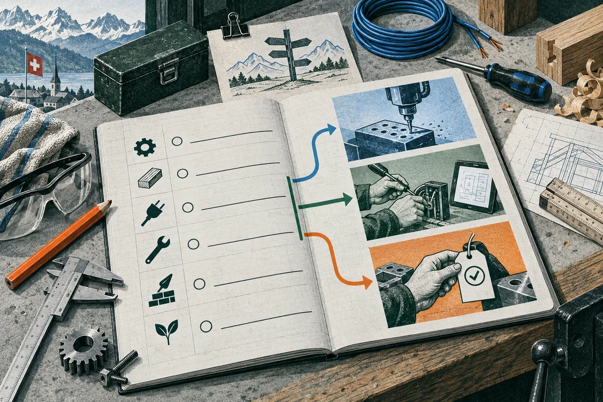 An open illustrated work notebook shows tool icons branching into scenes of machine drilling, hands measuring a part, and a hand checking a tag; workshop tools and a Swiss lakeside mountain view surround it.