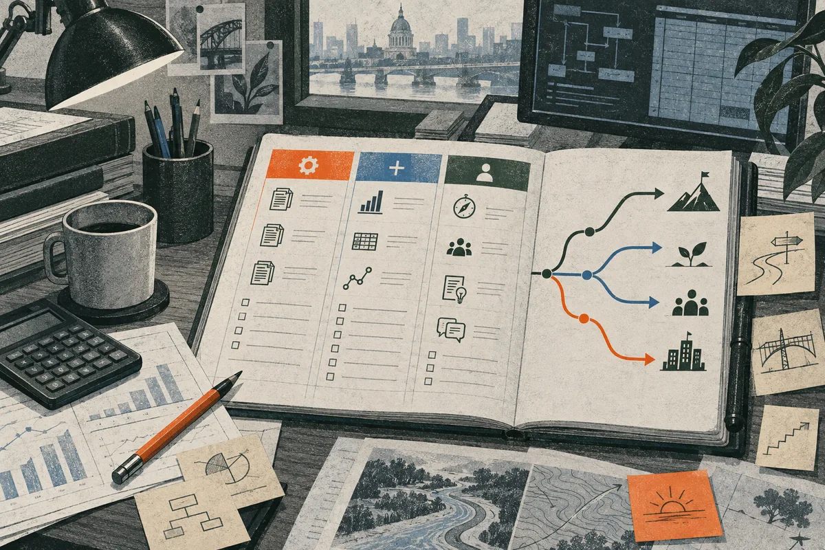 An open notebook on a desk shows task icons and green, blue, and orange paths branching toward a mountain, a plant, a group of people, and buildings; charts, papers, a calculator, and a monitor surround it.
