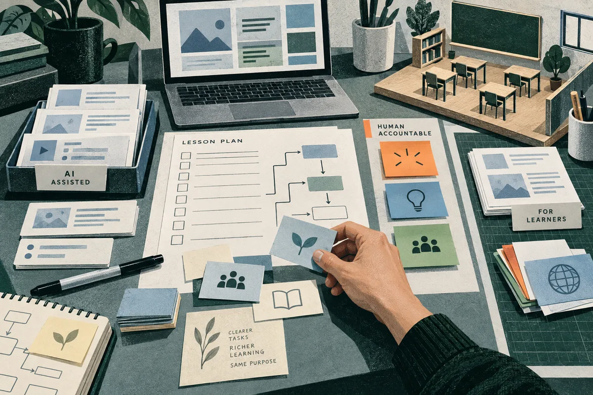 A hand holds a plant card above lesson-planning papers with branching diagrams. A laptop, stacked learning cards, and a miniature classroom sit on the desk.