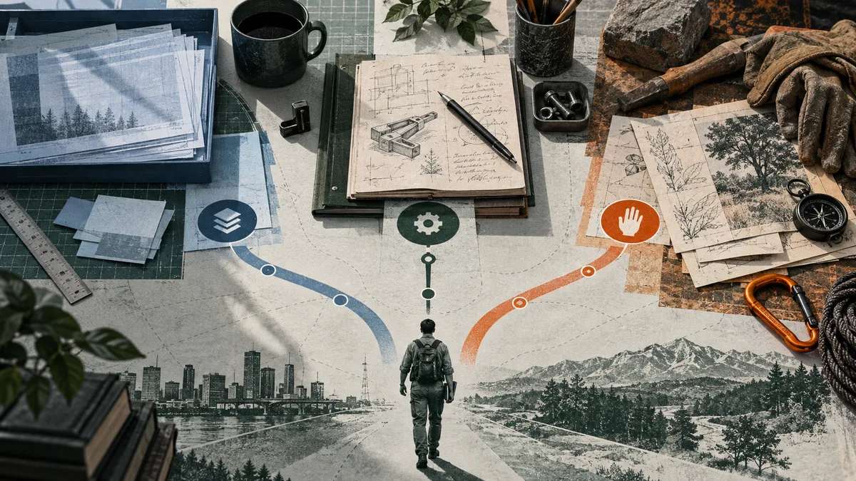 A lone figure stands between a city and a mountain landscape, beneath branching blue and orange paths. Work papers, drafting tools, gloves, and a compass frame the scene.