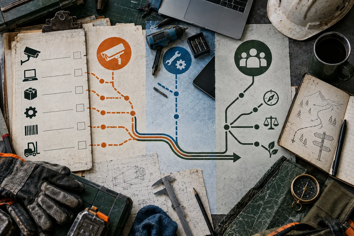 Overhead view of work papers and tools arranged around a branching diagram. A checklist shows icons of a camera, laptop, box, gear, barcode, and forklift; colored paths lead toward icons of a tool, a group of people, scales, and a plant.