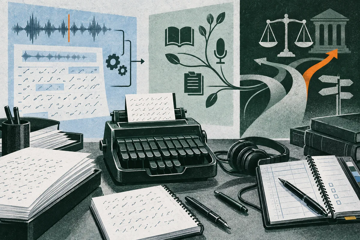 A typewriter, headphones, notebooks and marked papers sit beneath panels showing a sound waveform, book and microphone icons, and branching paths toward scales and a courthouse; one path is orange.