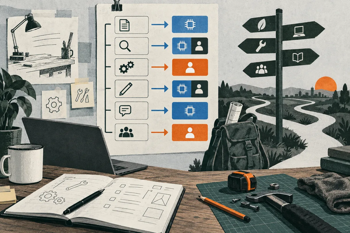 Illustrated workbench with a laptop, notebook, tools and a panel of icon-and-arrow rows; a signpost points along a winding road toward a setting sun.
