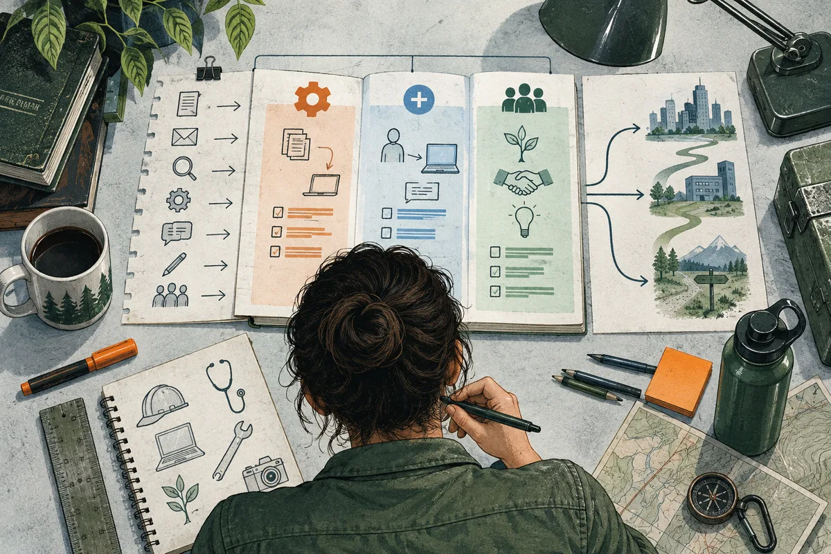 A person at a desk studies illustrated task panels showing tools, people, a plant, and branching paths to city and mountain scenes.