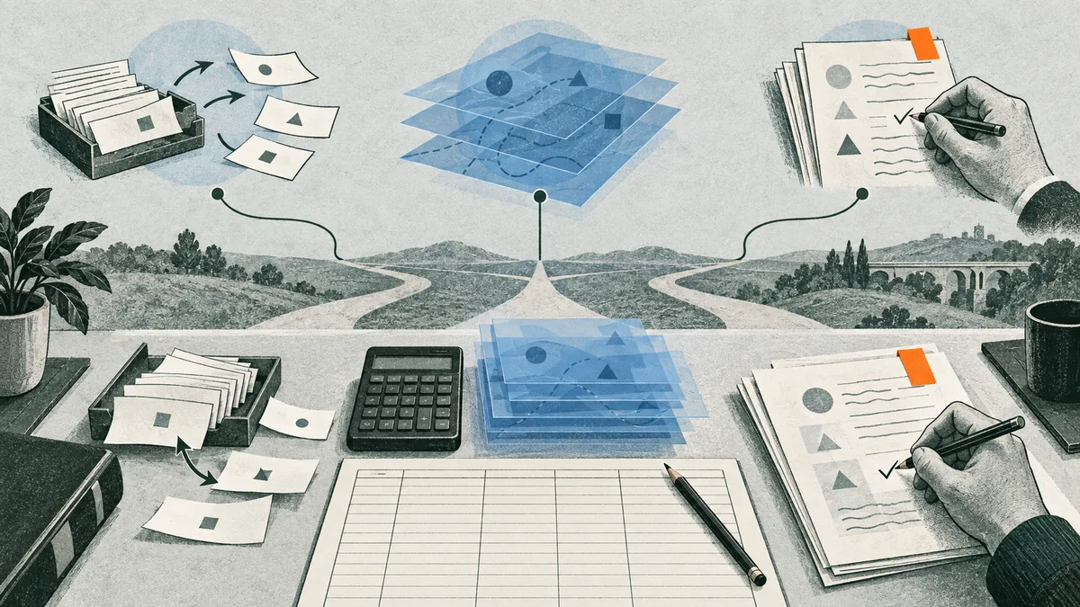 An illustrated desk with paper files, a calculator, a ledger and hands marking documents, with blue chart shapes connected across a branching landscape in the background.