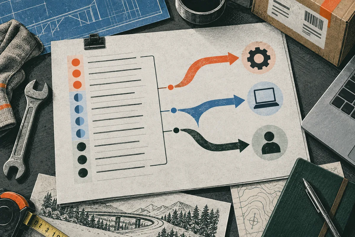 A paper ledger with colored dots branches into arrows pointing to gear, laptop, and person icons, surrounded by tools, blueprints, maps, and a notebook.