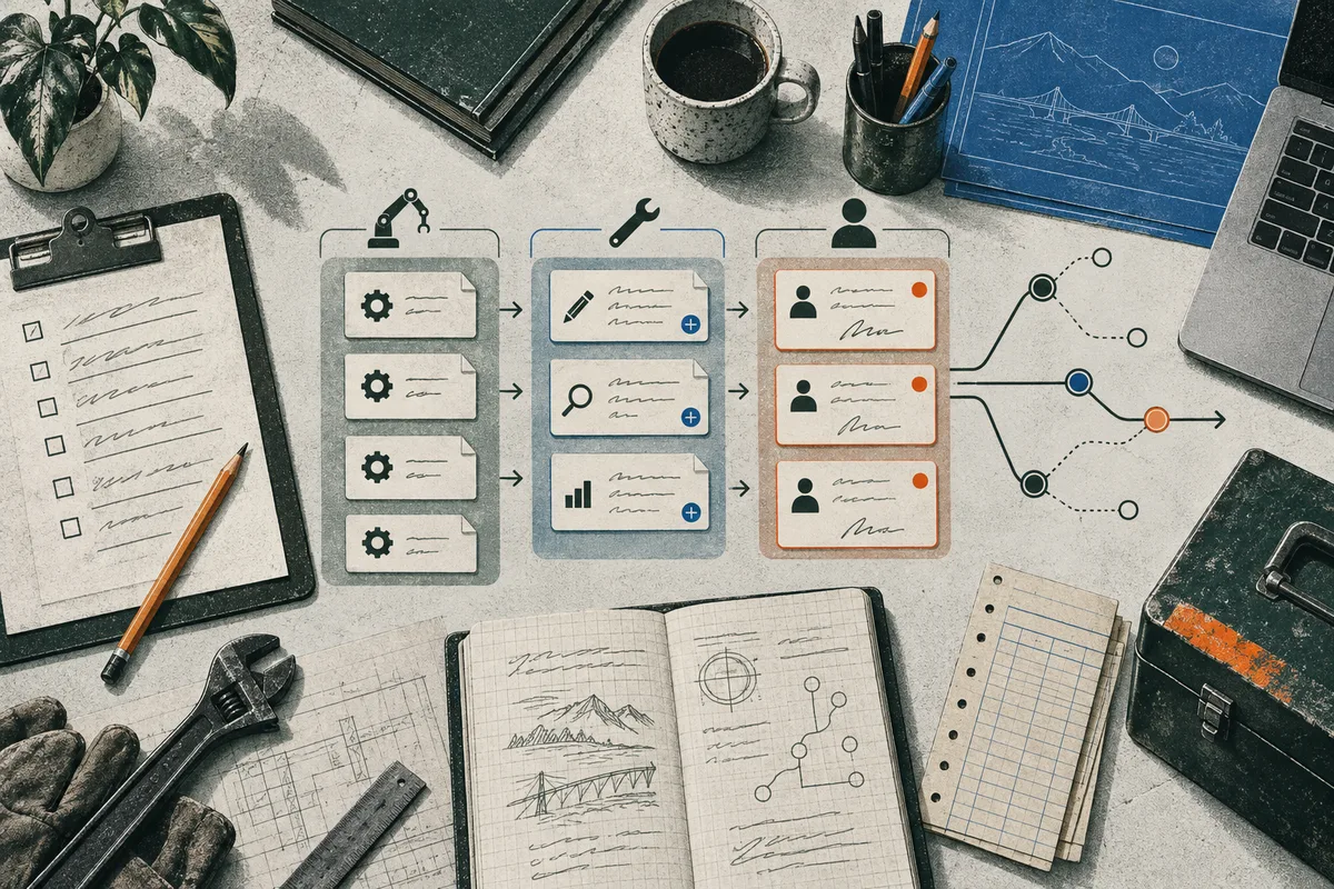 A workbench diagram moves from gear-marked cards through tool and chart cards to person icons, beside a branching path; a clipboard, wrench, notebook, pencil, and blueprints surround it.