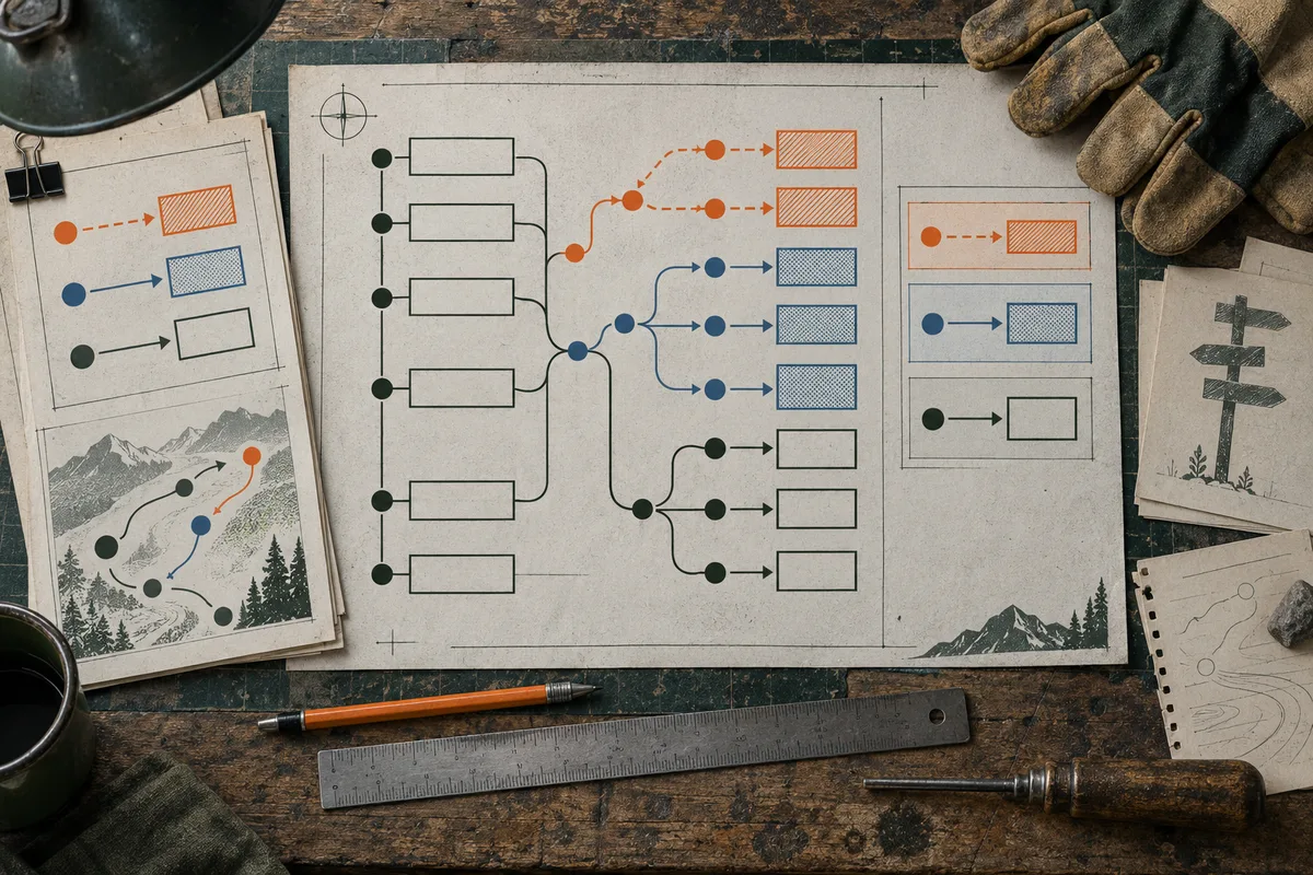 A branching flowchart with green, blue, and orange paths on paper, surrounded by a ruler, pencil, gloves, and other workbench papers.
