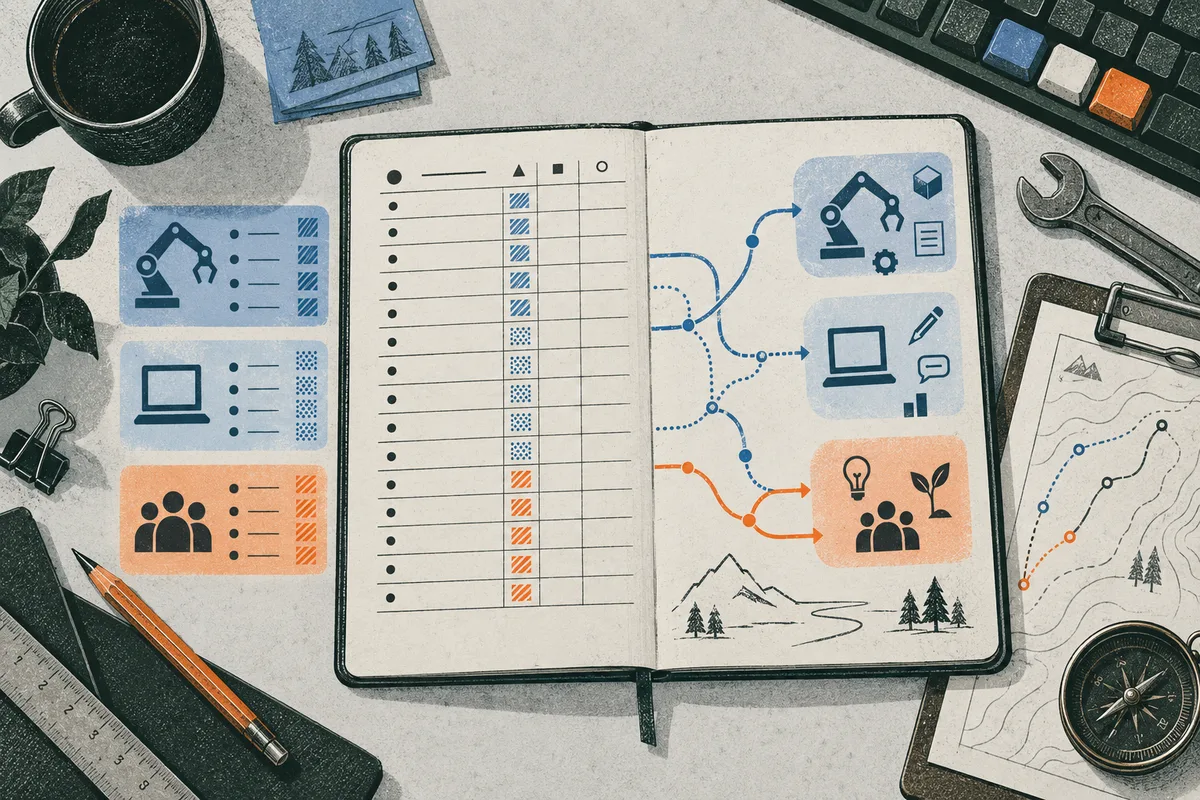 An open notebook shows a symbol-coded table linked by blue and orange paths to icons of a robotic arm, laptop, people, and a plant. Pencils, a mug, wrench, and map papers sit nearby.