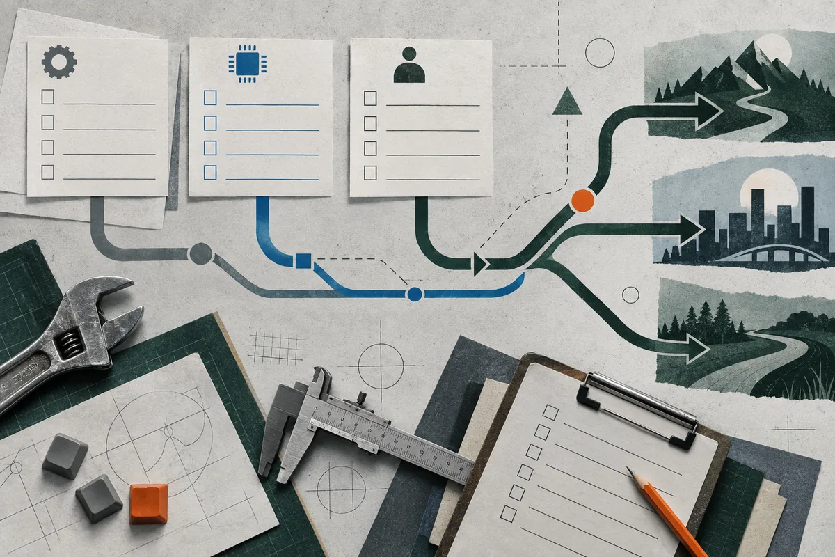 Three checklist sheets with gear, chip, and person icons connect by branching gray, blue, and green paths toward mountains, a city skyline, and a forest. A wrench, measuring tools, graph paper, and a clipboard with pencil fill the foreground.