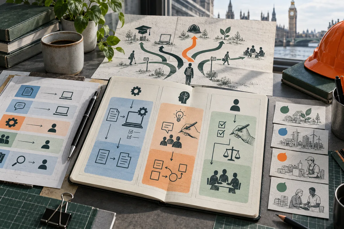 An open illustrated notebook shows document and laptop diagrams, a light bulb above a group, a hand marking checklists beside scales, and small workplace scenes. Behind it, branching paths point toward a graduation cap, laptop, hard hat, and group; a clock tower stands across the river.