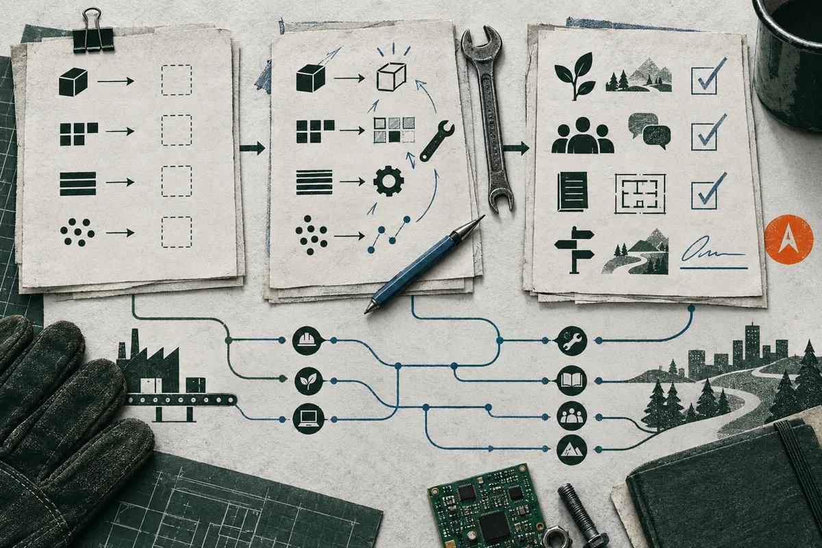Three paper panels show cubes, grids, lines, groups of people, leaves, landscapes, check marks, and other symbols, linked by branching paths across a workbench with a wrench, pen, circuit board, gloves, and a notebook.