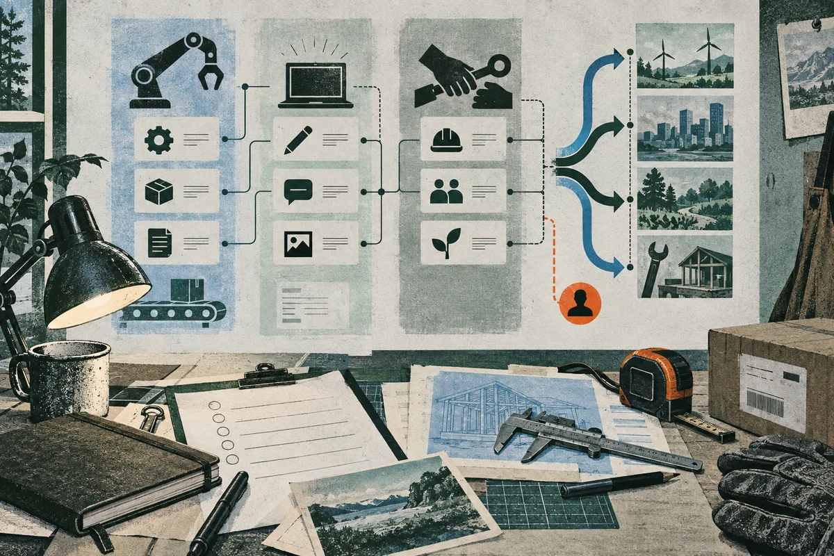 Editorial illustration of a workbench beneath a branching task diagram, with a robotic arm, laptop, hand tools, papers, and landscape and city picture panels.