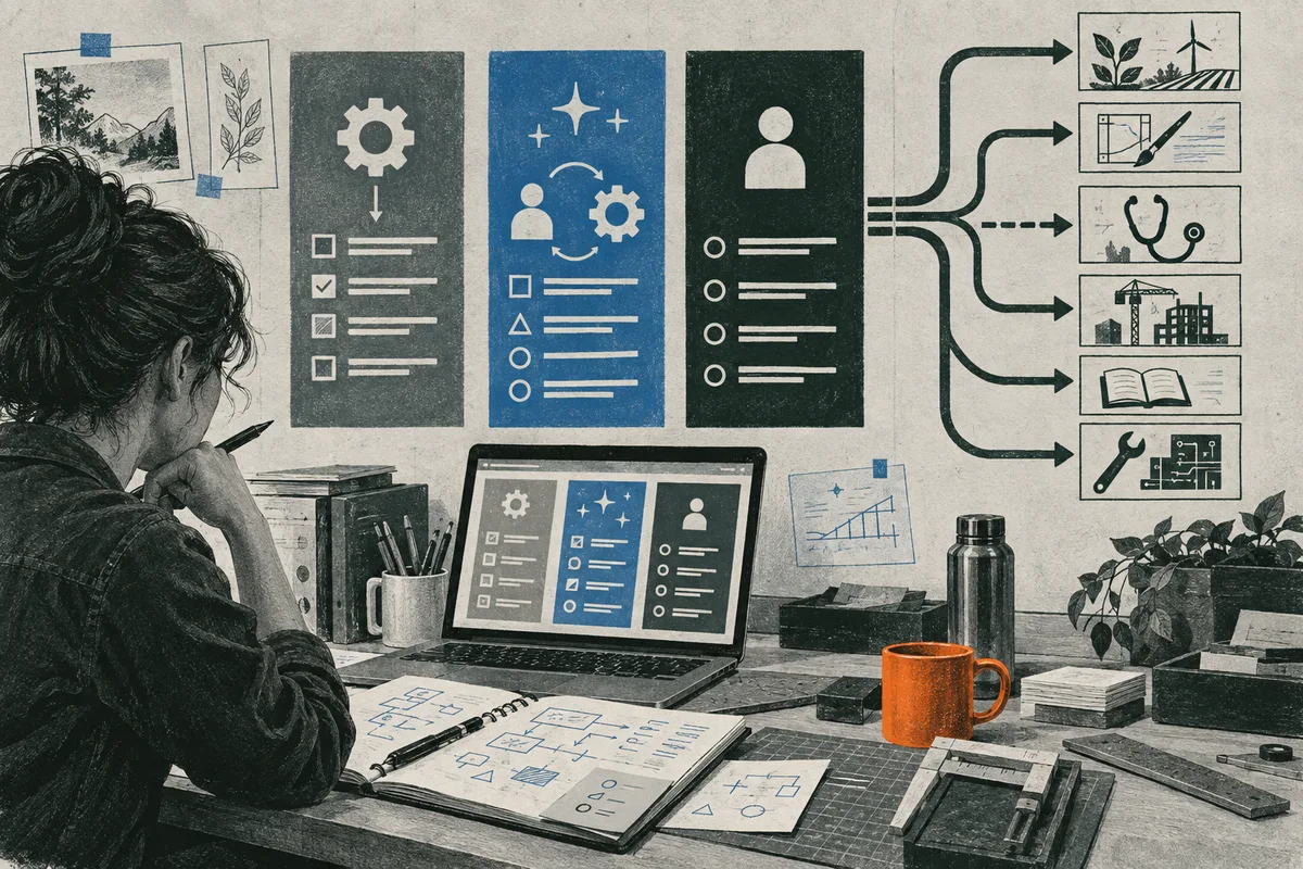 Illustration of a person viewed from behind at a desk with a laptop, notebook, three large task panels, arrows, work icons, books, tools, and an orange mug.
