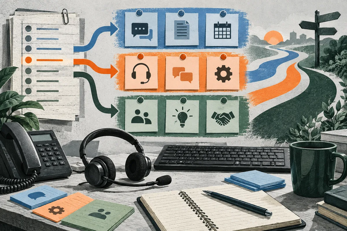 Editorial illustration of a desk with a telephone, headset, keyboard, notebook, coffee mug, and colored task cards. Arrows connect the cards to a winding path and signpost in the background.
