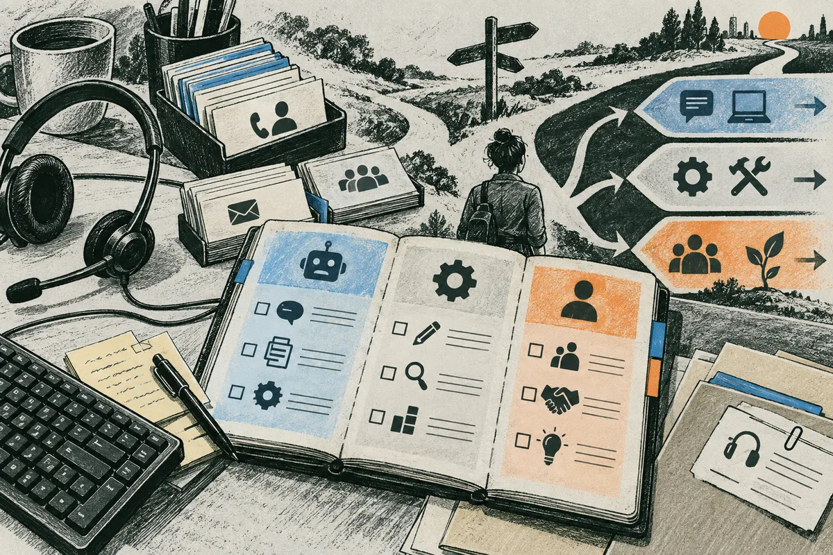 Editorial illustration of an open notebook with colored sections and task icons beside a headset, keyboard, folders, and cards. A person seen from behind faces branching paths and a signpost.