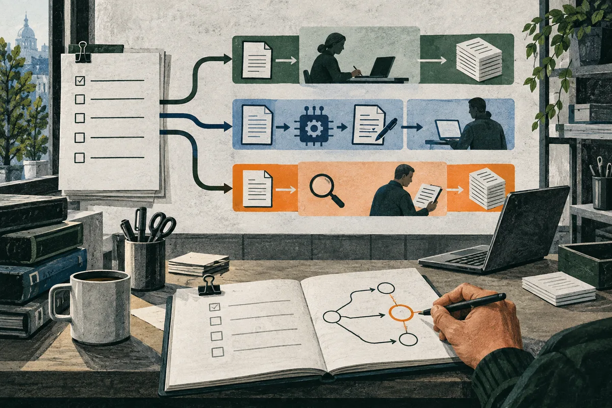 A hand marks a branching workflow in an open notebook beneath a wall chart of document, computer and review steps; books, a mug, scissors and a laptop sit on the workbench.