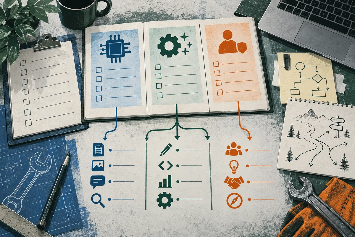 An overhead view of an open notebook with blue, green and orange task columns, arrows and simple icons, surrounded by checklists, a branching path sketch, laptop and hand tools.